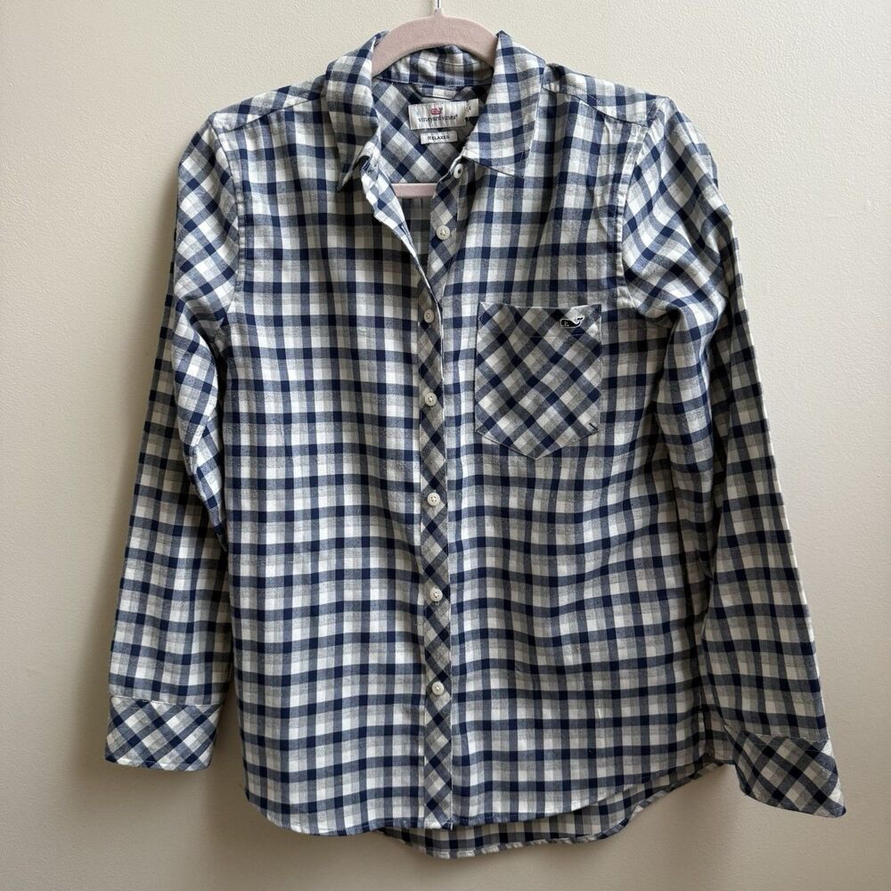 Vineyard Vines lFlannel Shirt Women's Relaxed Blue Gray Pocket Long Sleeve Size